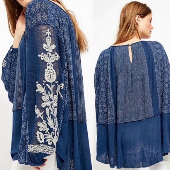Free People Blue Indigo Dreams Embroidered Tunic Dress Top NWT - Picture 3 of 10